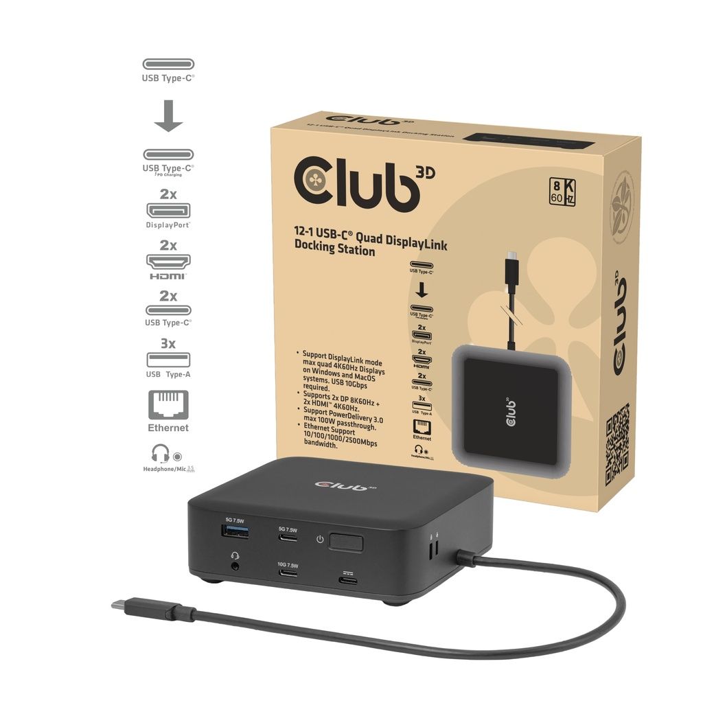 CSV-2542 - Estaci�n Base Club 3D 12 en 1 USB-C 3.1 a 3xUSB-A/2xUSB-C 2xDP/2xHDMI/1xRJ45/1x3.5mm Eternet LAN 2.5 GbE Negro (CSV-2542)