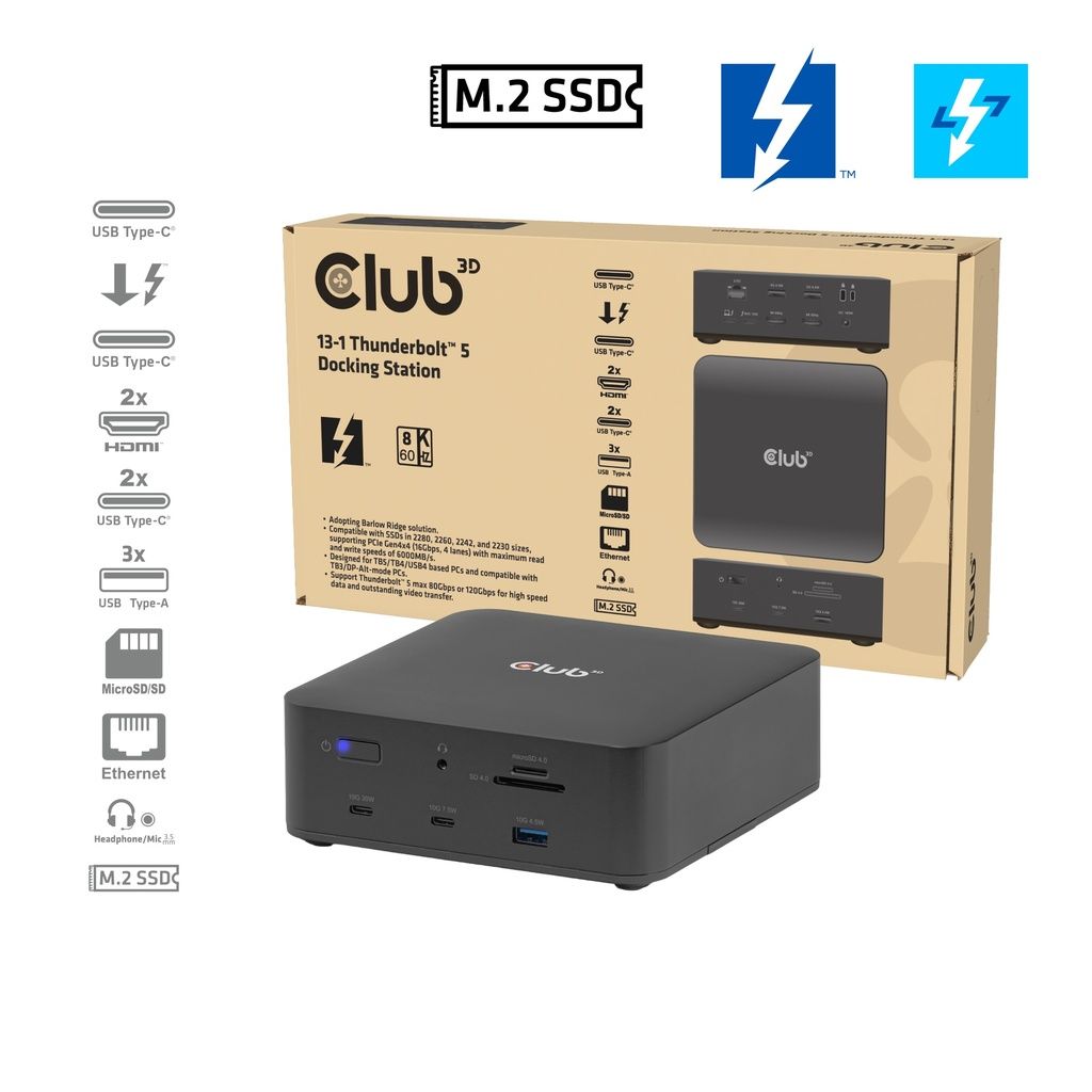 CSV-2562 - Docking Station Club 3D Thunderbolt 5 a 3xUSB 2.0/3xUSB-A 3.0/2xUSB-C 3.1 PD 140W/2xHDMI 8K UHD/1xRJ45 SSD NVMe Ethernet LAN 2.5 GbE Negro (CSV-2562)