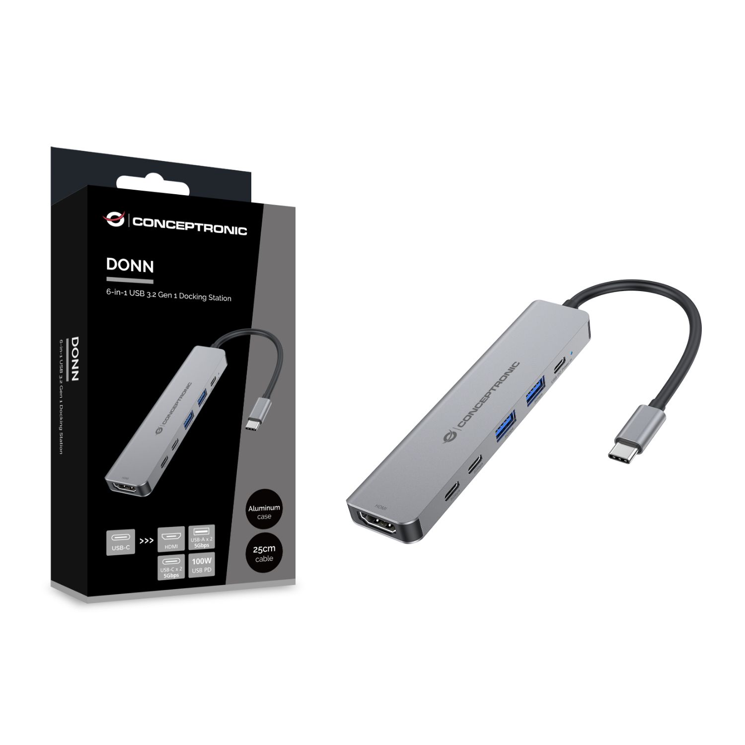 DONN33G - Docking Station CONCEPTRONIC USB-C 3.0 a 2xUSB-A/2xUSB-C/1xUSB-C PD 100W/1xHDMI 4K UHD 0.25m Plata (DONN33G)