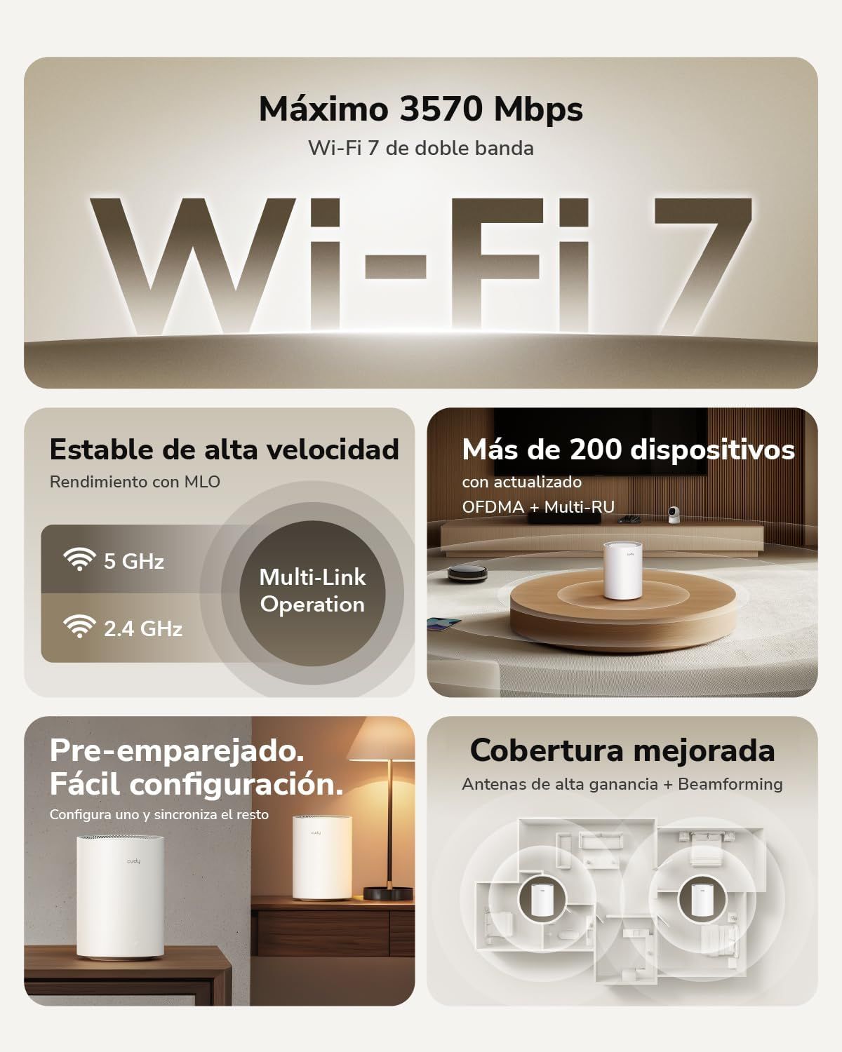 M3600(2-Pack) - Sistema Mesh CUDY BE3600 3xRJ45 WiFi 7 Dual Band 4 Antenas Internas Pack 2 Blanco (M3600 2-Pack)