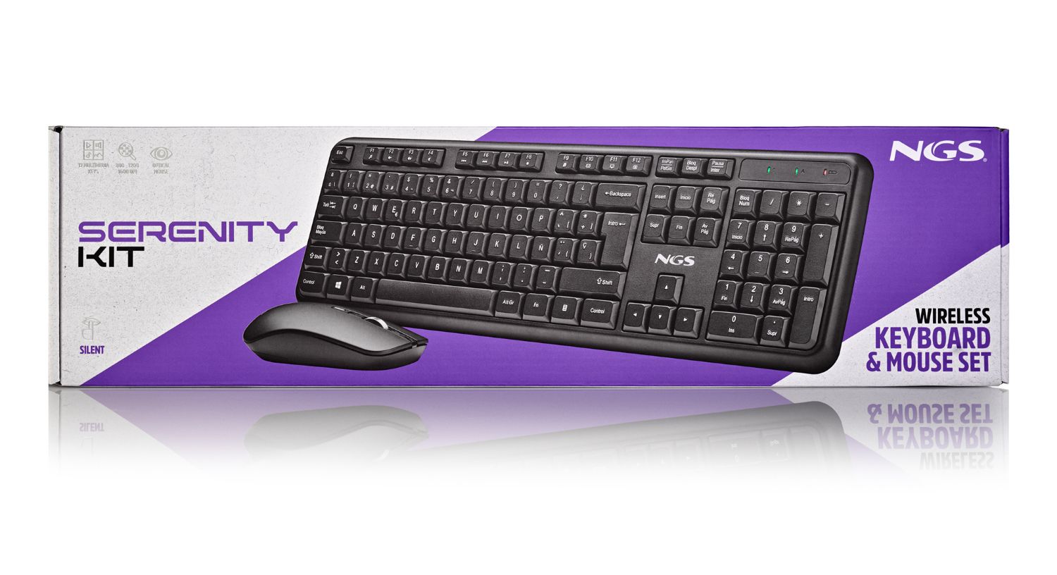 SERENITYKITSPANISH - Kit Teclado + Rat�n NGS Multidispositivo Multimedia QWERTY RF Wireless �ptico Ambidextro 1600dpi 3 Botones Negro (SERENITYKITSPANISH)