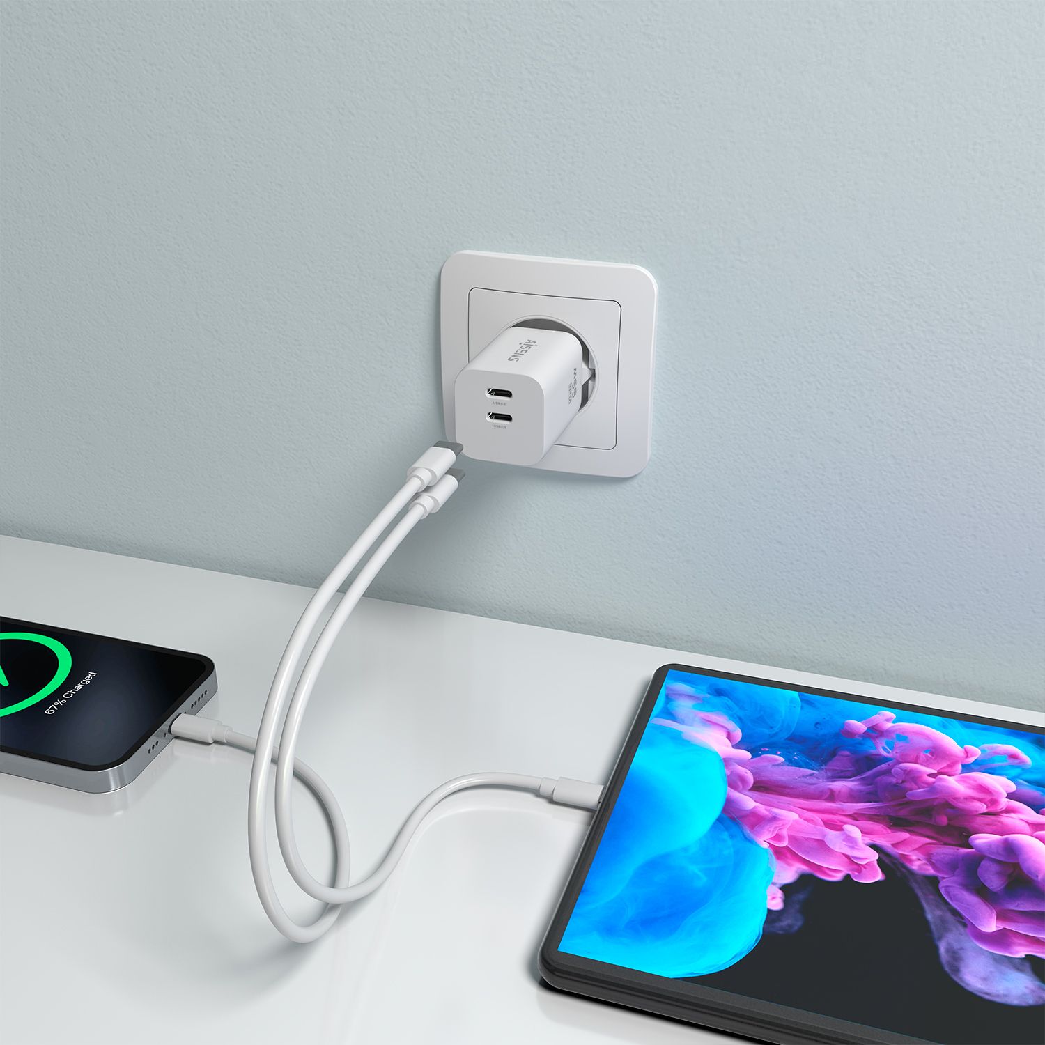A110-1029 - Cargador de Pared AISENS GaN 65W PD 3.0 QC 3.0 2xUSB-C Blanco (A110-1029)