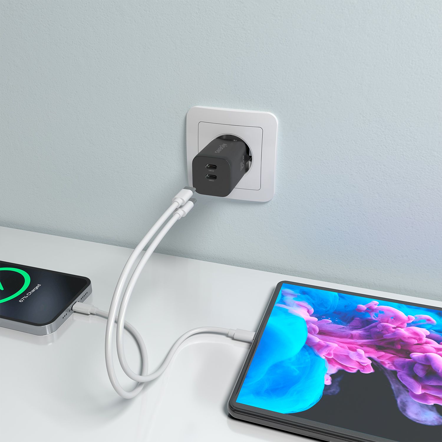 A110-1030 - Cargador de Pared AISENS GaN 65W PD 3.0 QC 3.0 2xUSB-C Negro (A110-1030)