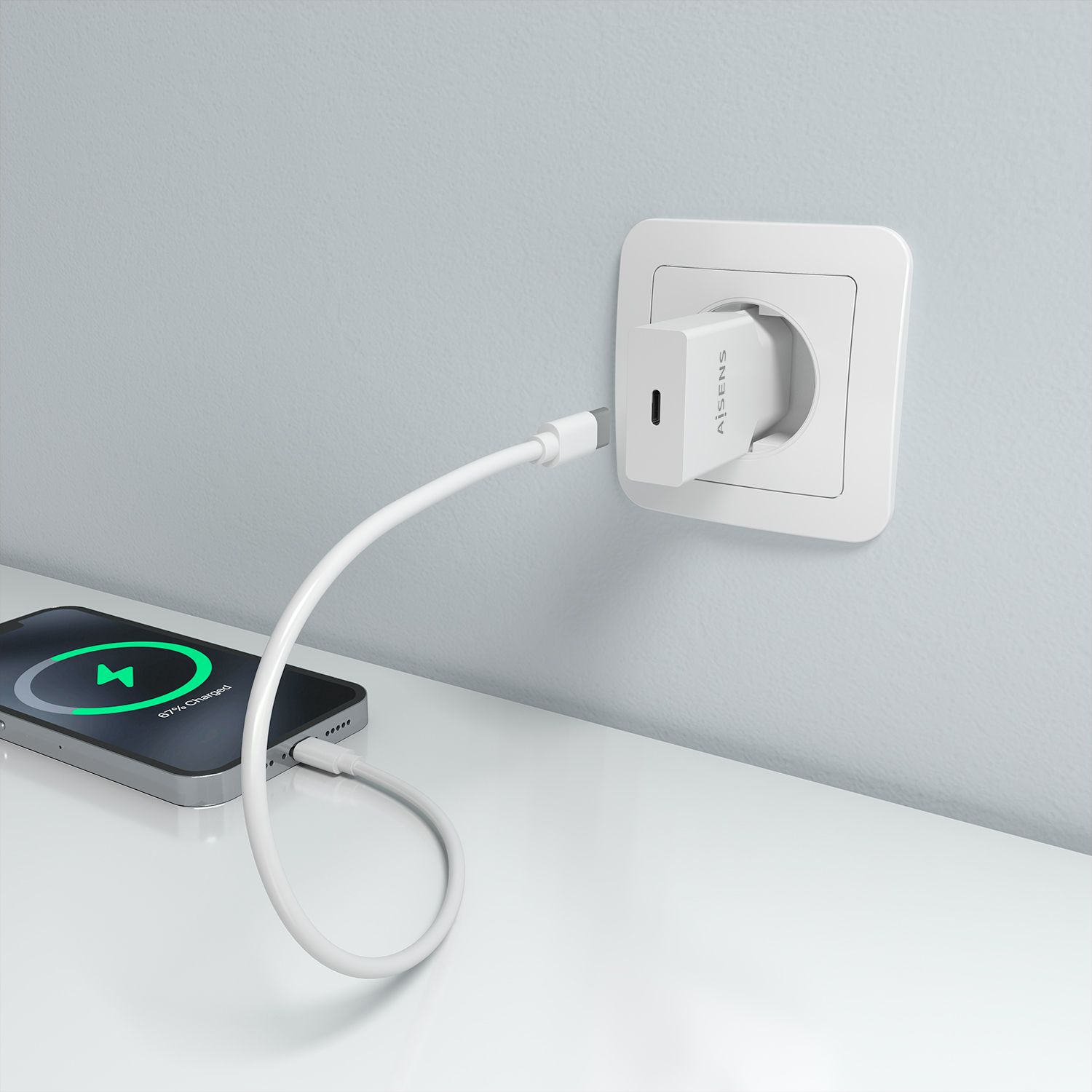 A110-1001 - Cargador de Pared AISENS Ultra Delgado GaN 30W PD 3.0 QC 3.0 1xUSB-C Blanco (A110-1001)