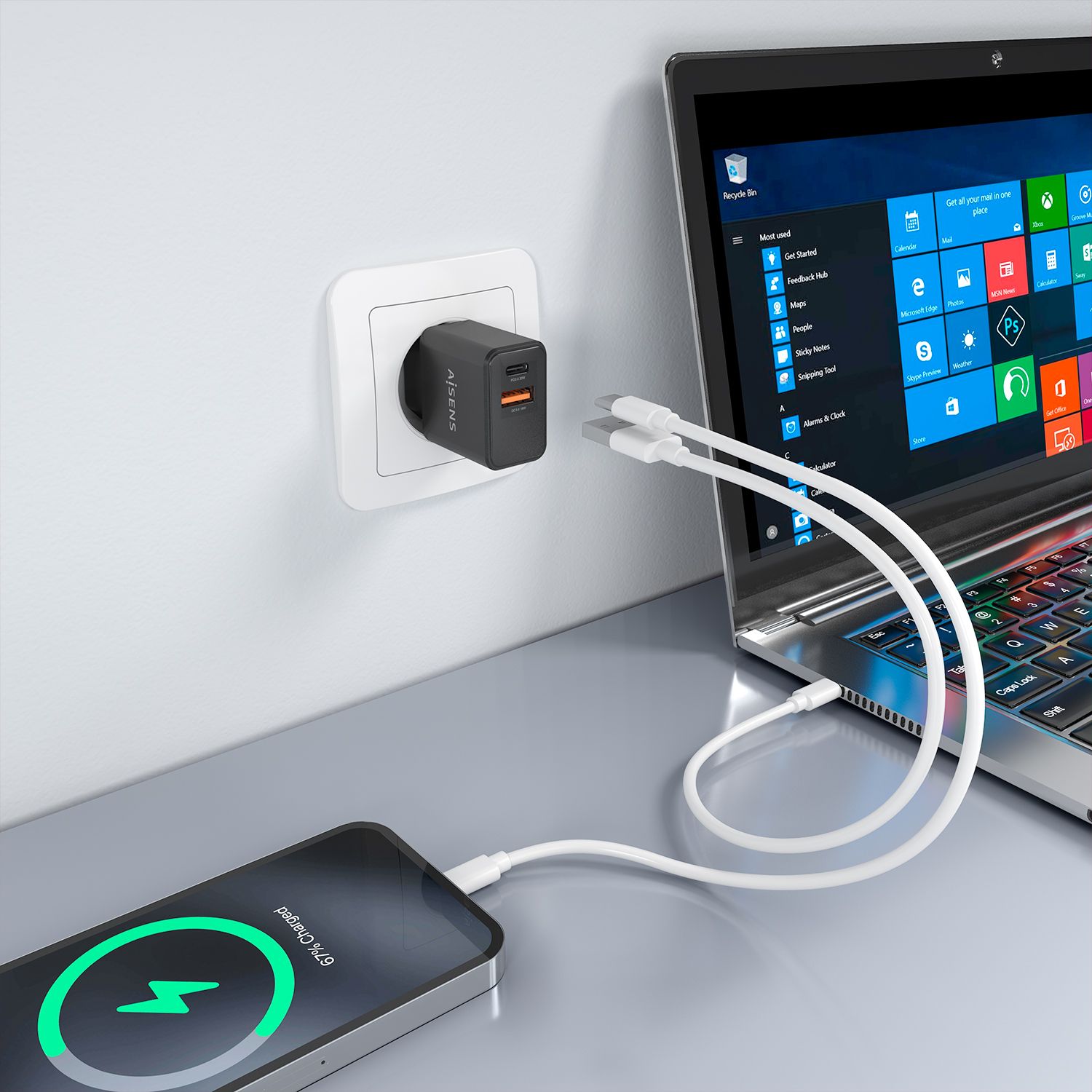 A110-1026 - Cargador de Pared AISENS GaN 20W PD 3.0 QC 3.0 1xUSB-A 1xUSB-C Negro (A110-1026)