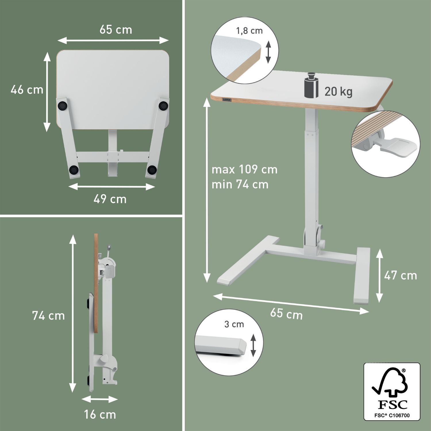 6588-00-01 - Mesa Escritorio Leitz Ergo Altura regulable para sentarse/estar de pie, 65x46x1.8cm, Blanco. (6588-00-01)
