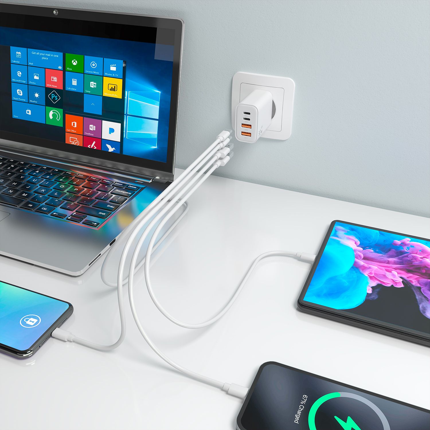 A110-1027 - Cargador de Pared AISENS GaN 32W PD 3.0 QC 3.0 2xUSB-A 2xUSB-C Blanco (A110-1027)