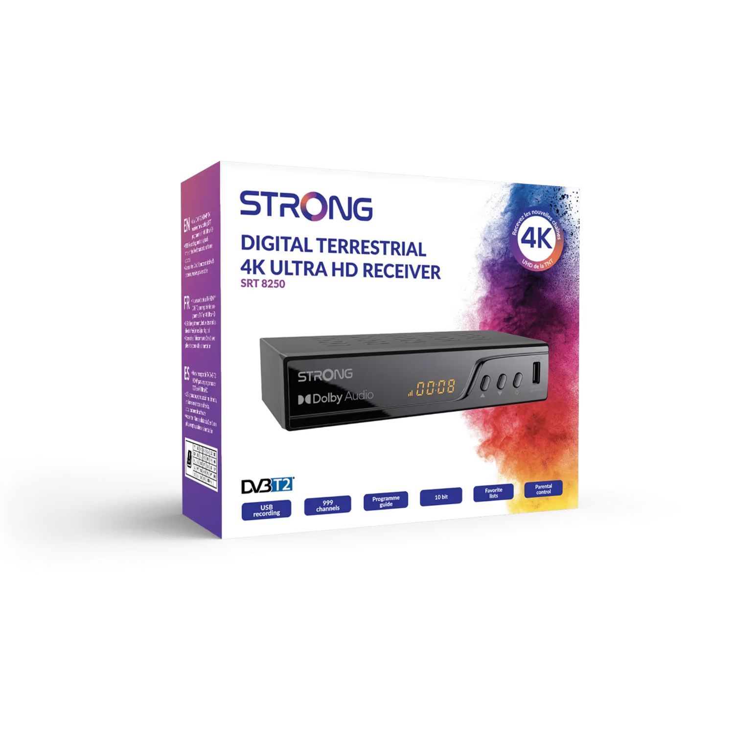 SRT8250 - Receptor TDT STRONG DVB-T2 4K UHD Pantalla Incorporada 1xUSB 2.0 1xHDMI 2.0 Mando a Distancia Negro (SRT8250)