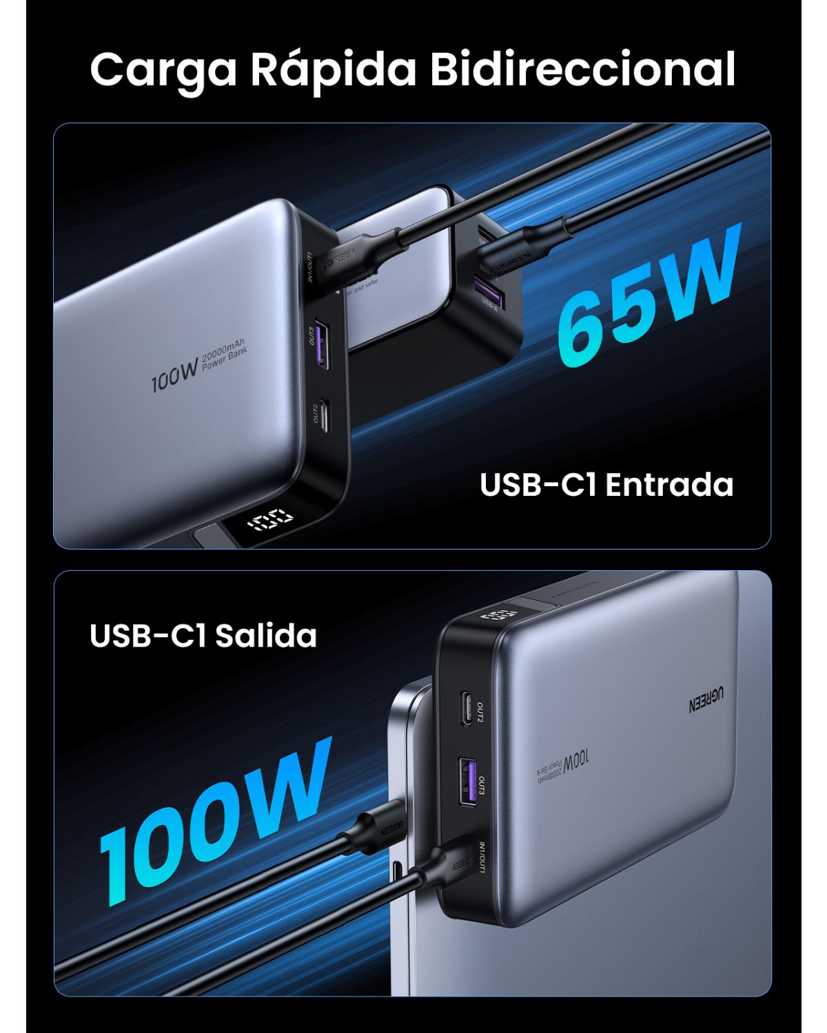 25188 - PowerBank Ugreen Nexode 20000 mAh 100W PD 3.0 1xUSB-A 2xUSB-C Gris (25188)