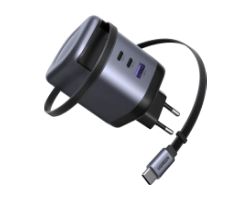 65828 - Cargador de Pared Ugreen X616 GaN 100W 1xUSB-A 2xUSB-C Cable USB-C Retr�ctil 0.75m Negro/Gris (65828)