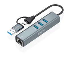 A109-1033 - Conversor USB 3.2 Gen1 AISENS de USB-A y USB-C a Ethernet Gigabit Conexion RJ45 10/100/1000 Mbps con HUB de 3 puertos USB 3.0 Cable de 15cm Plug and Play Compatible con Windows Mac OS y Linux .Gris (A109-1033)