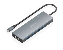 ASUC-9P051-GR - Docking Station AISENS USB-C 9en1. Carcasa de aluminio Puertos HDMI y DisplayPort hasta 8K Red Ethernet RJ45 4xUSB-A 5Gbps 1xUSB-C 5Gbps y puerto USB-C PD de 100W Cable de 20 cm Diseno compacto y ligero .Gris (ASUC-9P051-GR)