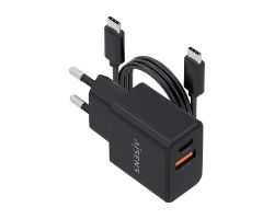 ASCH-20W2P084-BK - Cargador de Pared AISENS GaN 20W PD 3.0 QC 4.0 1xUSB-C 1xUSB-A Cable 1m Negro (ASCH-20W2P084-BK)