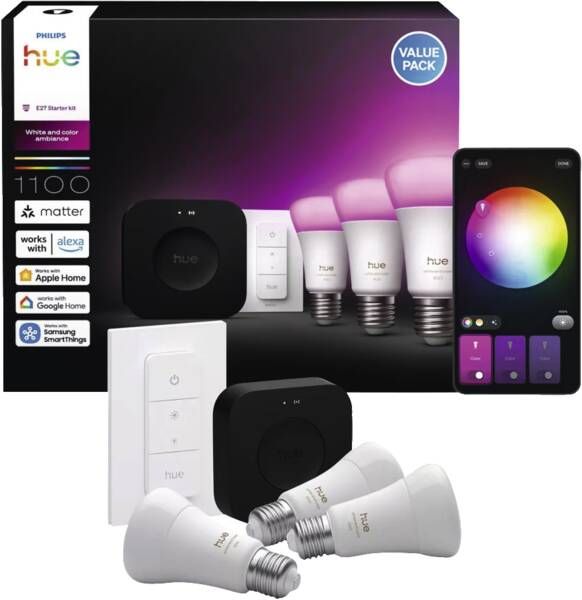 929003853503 - Philips Hue Blanco y Color Ambiance es un kit de iluminaci�n inteligente con 3 bombillas LED E27 RGB+W, Hue Bridge y regulador. Permite controlar la iluminaci�n desde la app, ajustar colores, brillo y crear ambientes personalizados. (929003853503)