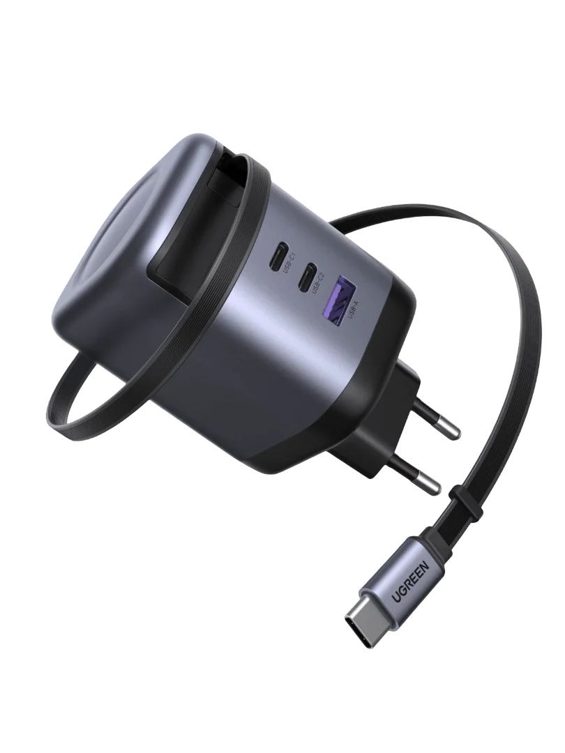 65828 - Cargador de Pared Ugreen X616 GaN 100W 1xUSB-A 2xUSB-C Cable USB-C Retr�ctil 0.75m Negro/Gris (65828)