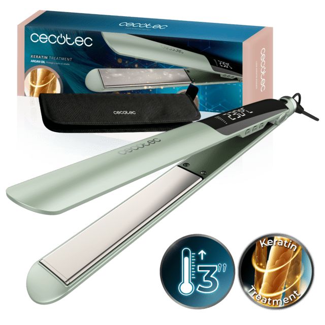 A01_EU01_122522 - Plancha de Pelo CECOTEC Lisse Keratin Essence Olive Funci�n HeatMax 130-230�C Revestimiento Cer�mico con Queratina/Aceite de Arg�n Bolsa de Viaje (A01_EU01_122522)