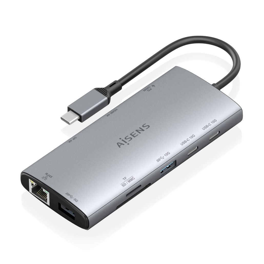 ASUC-10P050-GR - Docking Station AISENS 10en1 USB-C a 1xUSB-A 3.0/1xUSB-A 3.1/2xUSB-C 3.1 PD 100W/1xHDMI 4K UHD 60H/1xRJ45/Lector Tarjetas Cable 0.2m Gris (ASUC-10P050-GR)