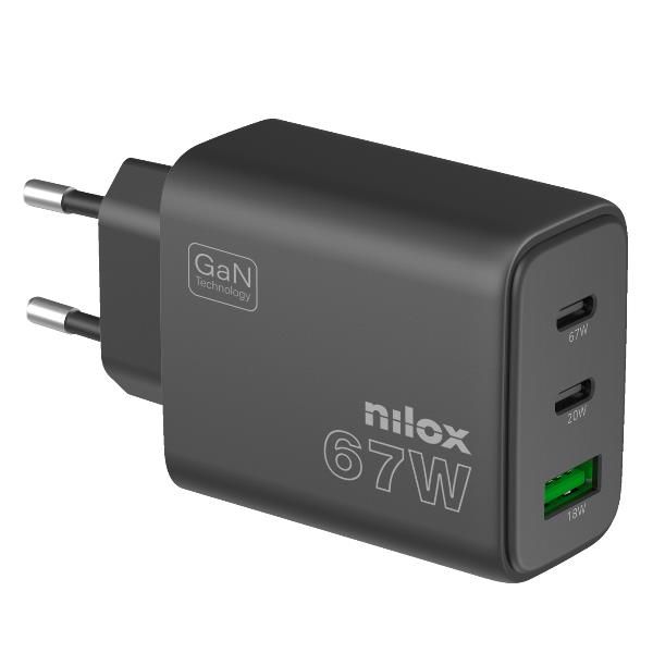 NX65GANUSBC - Cargador de Pared NILOX GaN 67W 1xUSB-A 2xUSB-C Negro (NX65GANUSBC)