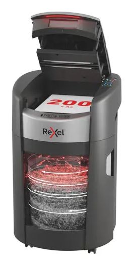 2025200xeu - Destructora REXEL Optimum AutoFeed+ 200X Corte Cruzado Grapas/Papel/Tarjetas de Cr�dito/Clips P-4 21L 200 Hojas Negra (2025200XEU)