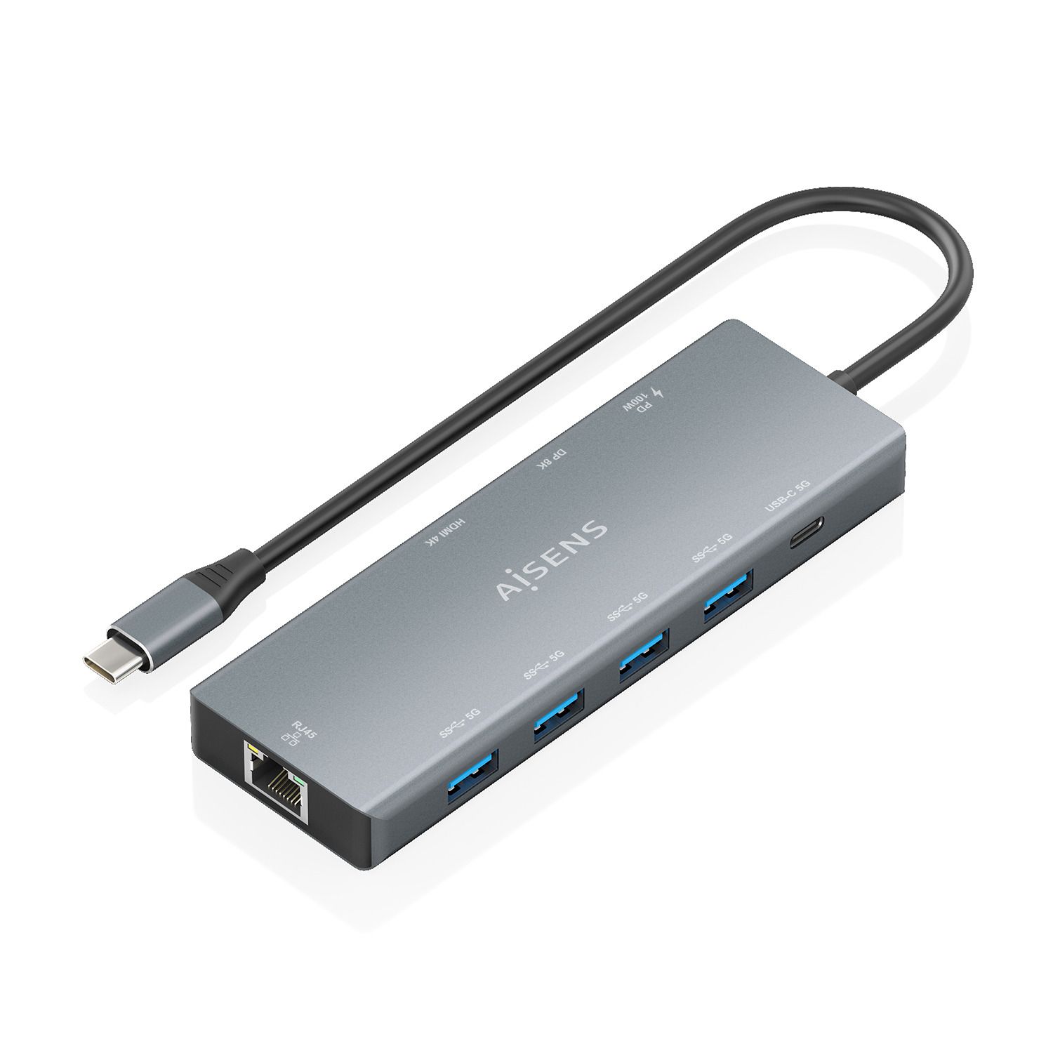 ASUC-9P051-GR - Docking Station AISENS USB-C 9en1. Carcasa de aluminio Puertos HDMI y DisplayPort hasta 8K Red Ethernet RJ45 4xUSB-A 5Gbps 1xUSB-C 5Gbps y puerto USB-C PD de 100W Cable de 20 cm Diseno compacto y ligero .Gris (ASUC-9P051-GR)
