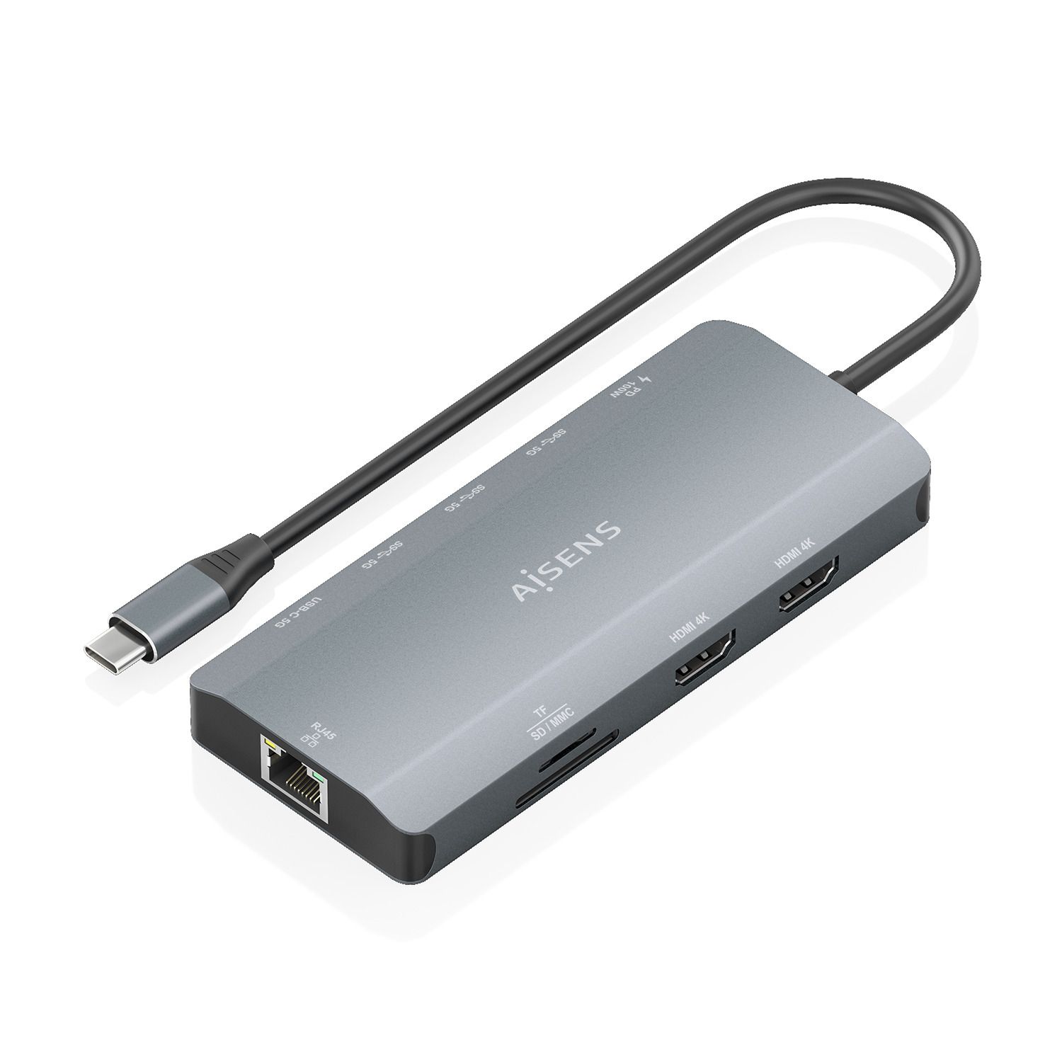 ASUC-10P052-GR - Docking Station AISENS USB-C 12en1 Carcasa de aluminio Doble salida HDMI hasta 4K Red Ethernet RJ45 3xUSB-A 1xUSB-C Lector de tarjetas SD y MicroSD Puerto USB-C Power Delivery 100W Cable de 20cm Diseno compacto. Gris(ASUC-10P052-GR)