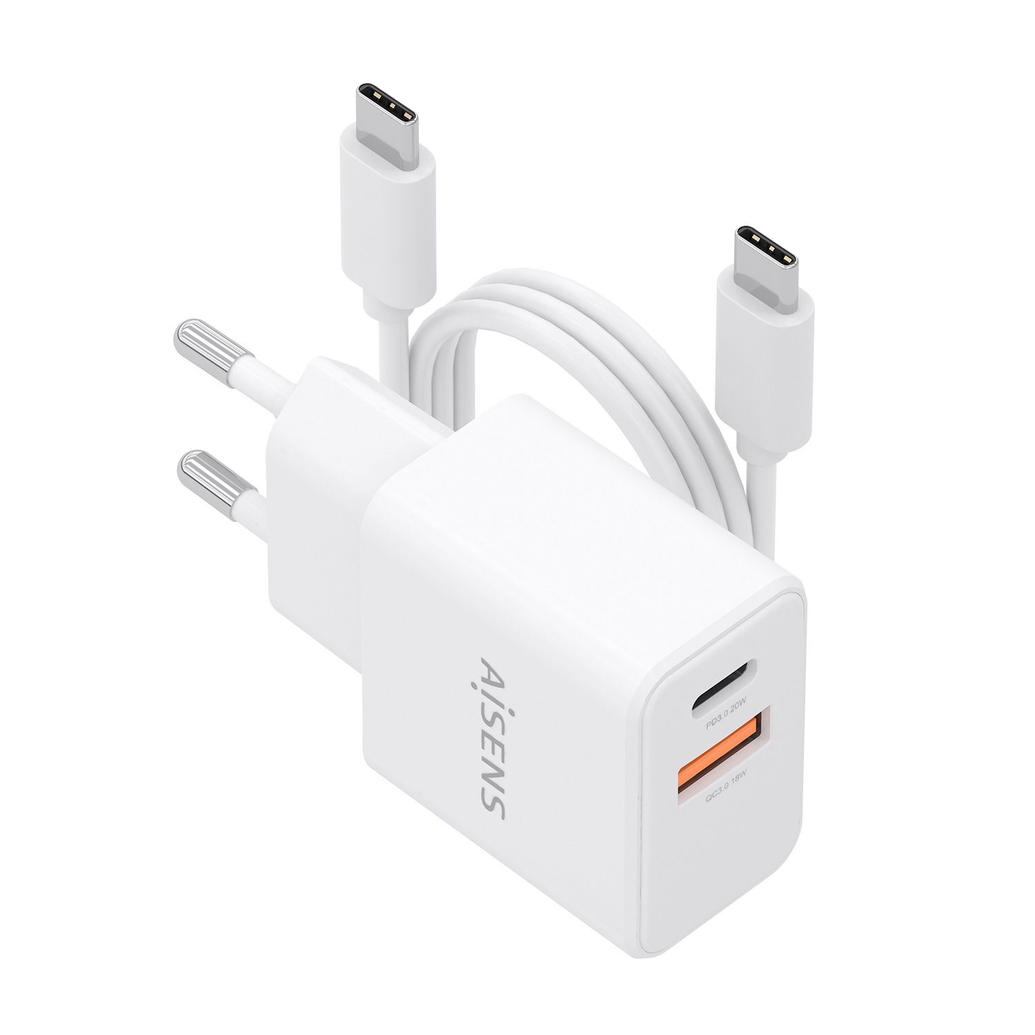 ASCH-20W2P083-W - Cargador de Pared AISENS GaN 20W PD 3.0 QC 4.0 1xUSB-C 1xUSB-A Cable 1m Blanco (ASCH-20W2P083-W)