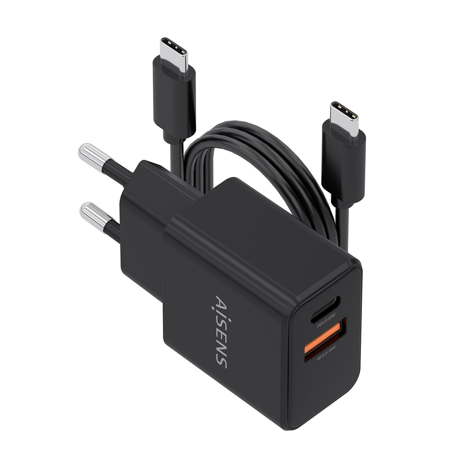 ASCH-20W2P084-BK - Cargador de Pared AISENS GaN 20W PD 3.0 QC 4.0 1xUSB-C 1xUSB-A Cable 1m Negro (ASCH-20W2P084-BK)