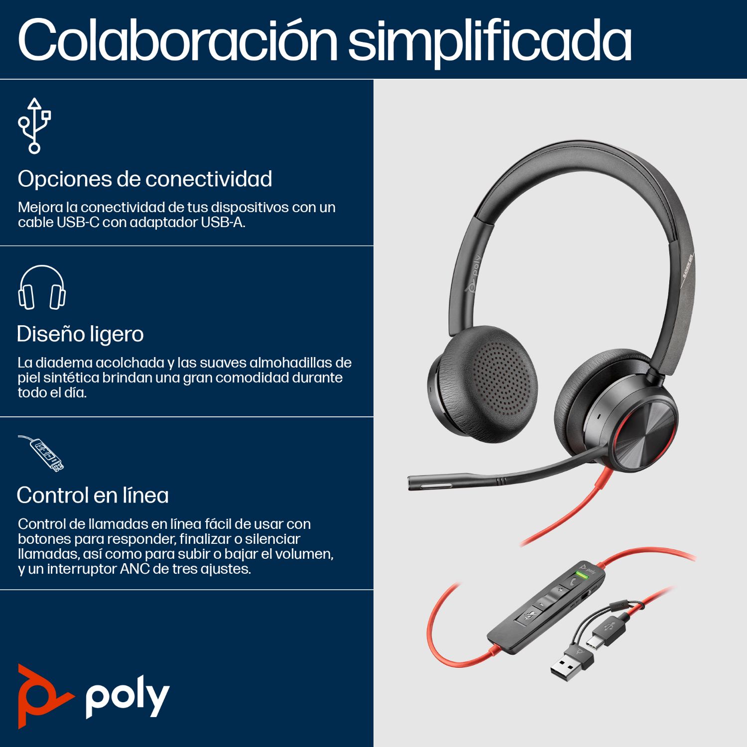 8X223AA - Auriculares+Micr�fono POLY Blackwire Supraurales Binaurales USB-C + Adaptador USB-C/A Negros (8X223AA)