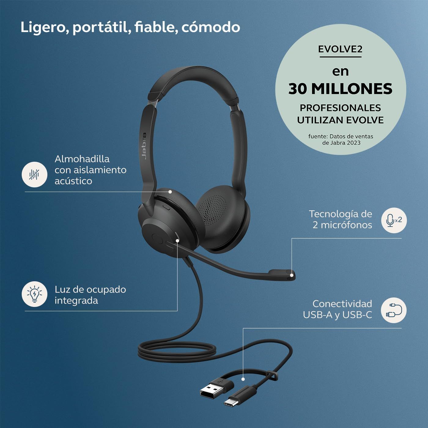 23189-989-779 - Auriculares+Micr�fono Jabra Evolve2 30 SE Supraurales Binaurales USB-A/C Cable 1.5m Funda de Transporte Negros (23189-989-779)