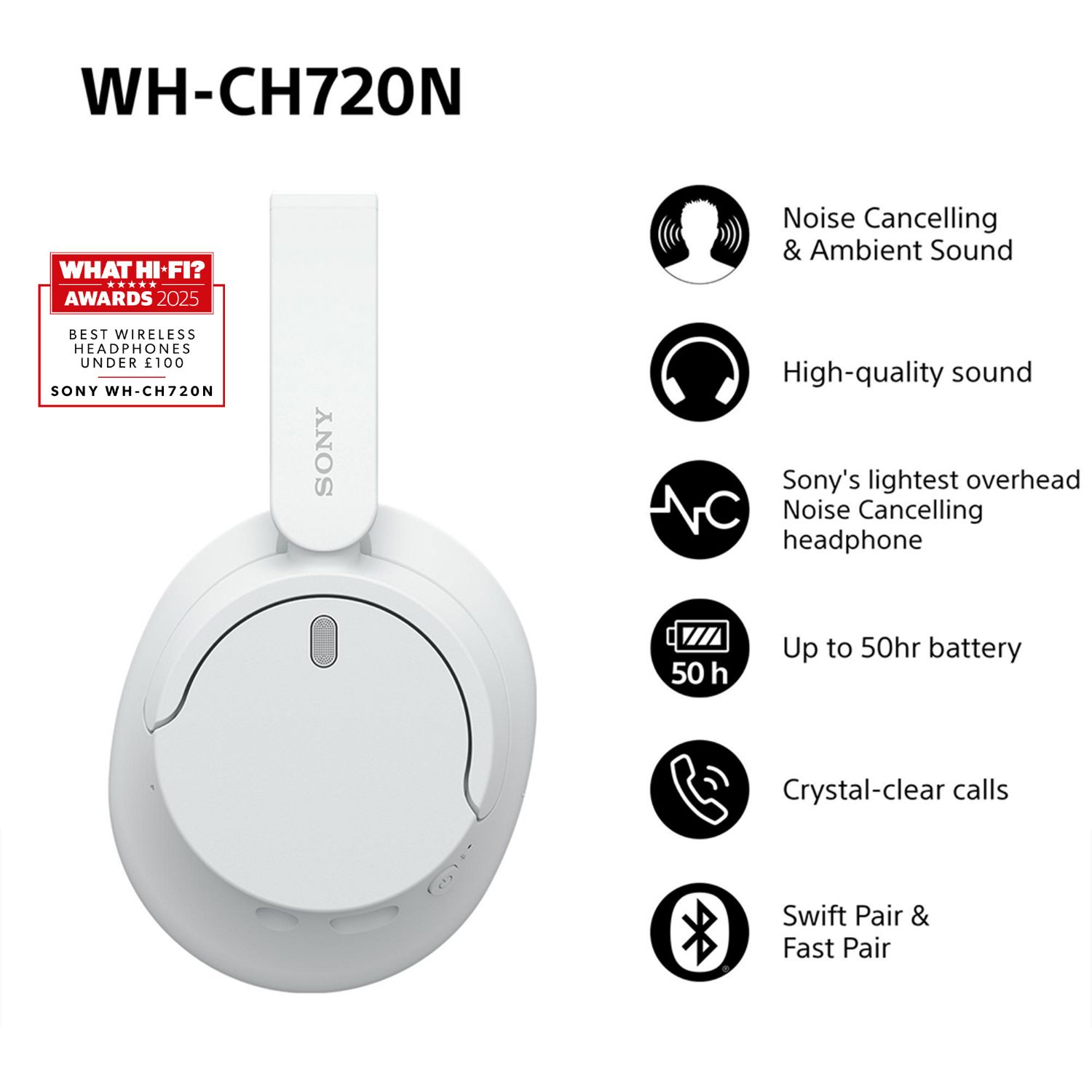SONY-AUR WH-CH720N WH - Auriculares Sony WH-CH720N Micr�fono Integrado Circumaurales Binaurales 3.5mm Bluetooth 5.2 10m Blancos (WHCH720NW.CE7)