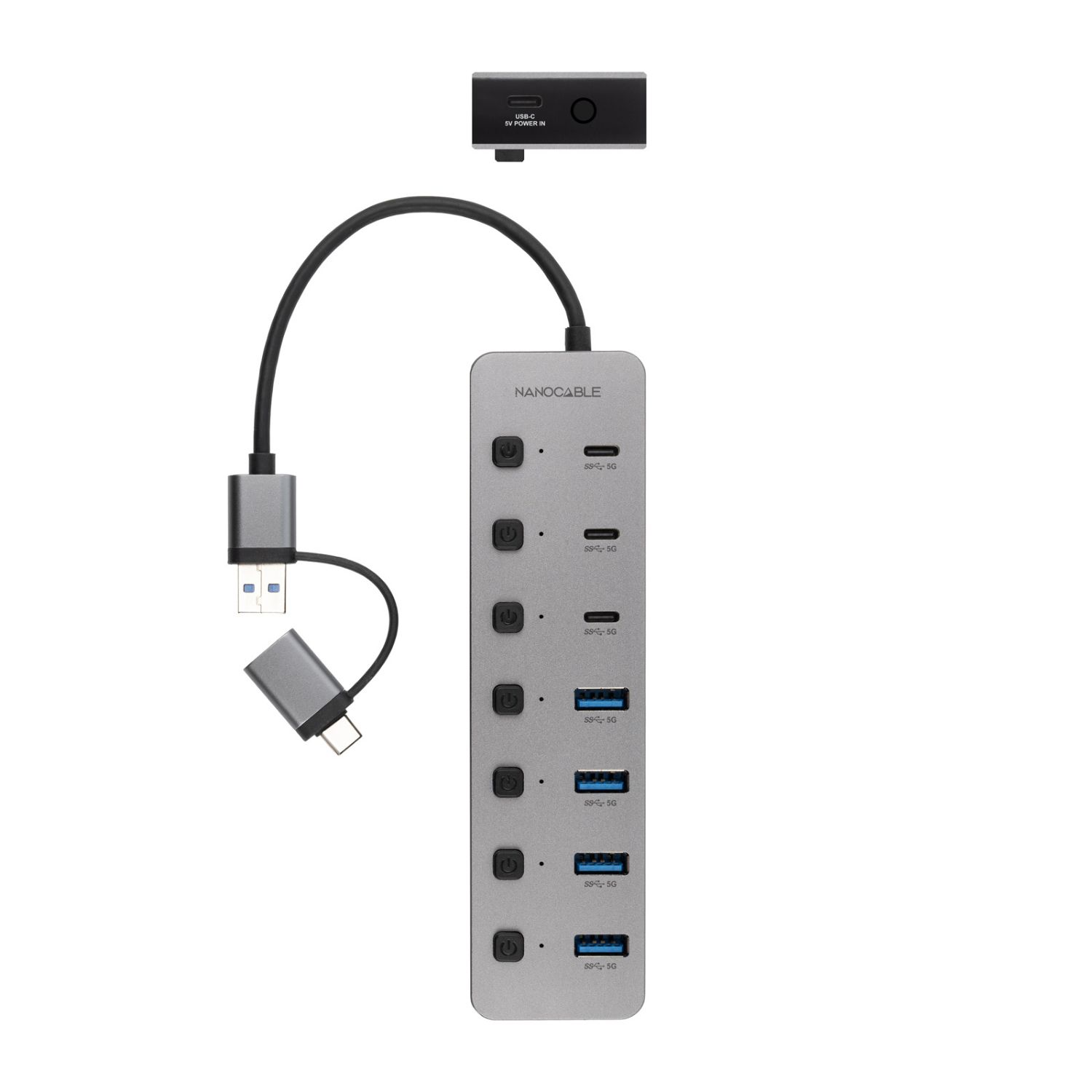 10.16.4510 - HUB Nanocable 1xUSB-A/1xUSB-C a 4xUSB-A/3xUSB-C/1xUSB-C 5V Cable 0.18m Plata (10.16.4510)