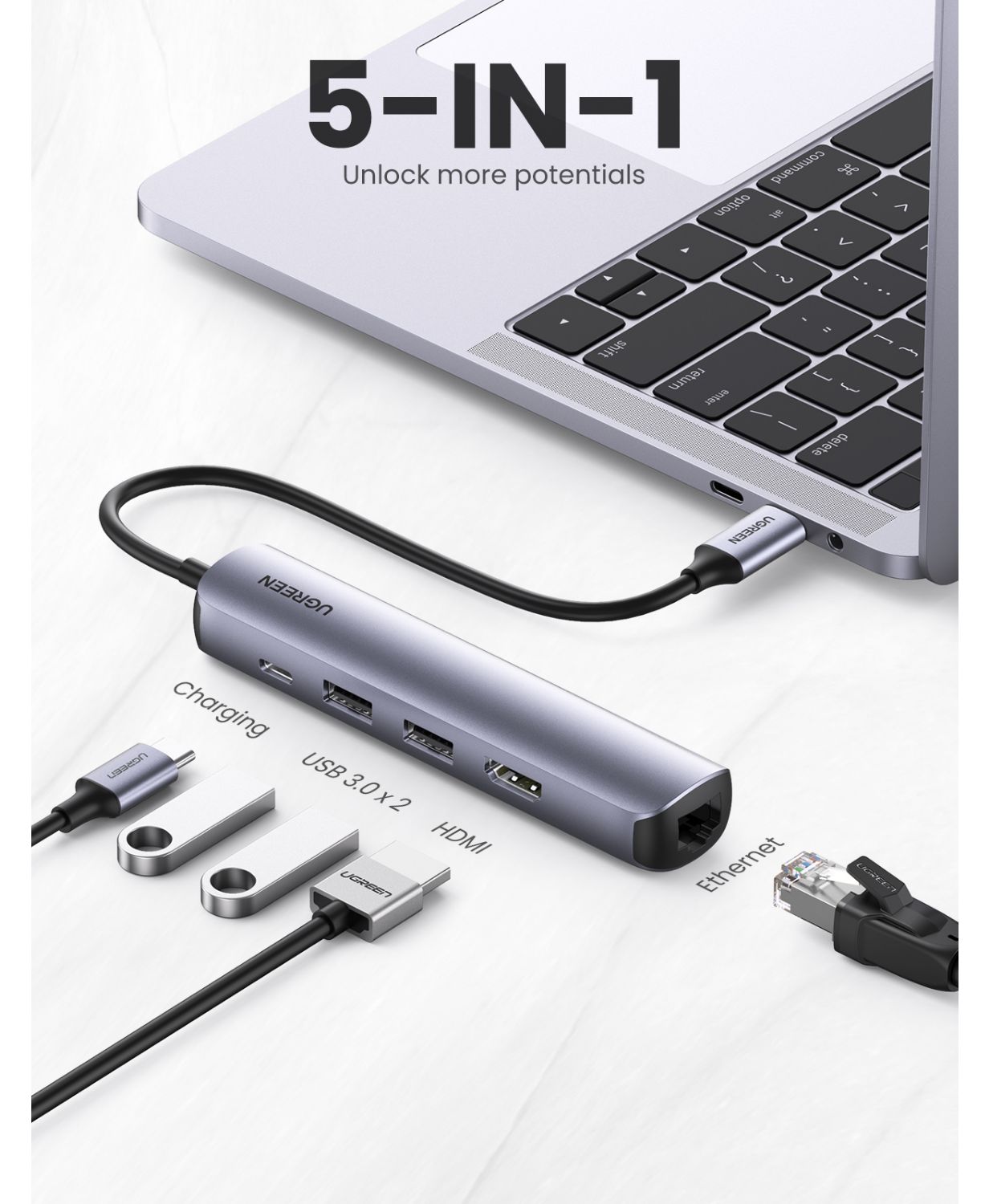 UG10919 - Replicador de Puertos Ugreen USB-C a 2xUSB-A 3.0/1xUSB-C PD 100W/1xHDMi/1xRJ45 Ethernet GbE Gris (UG10919)