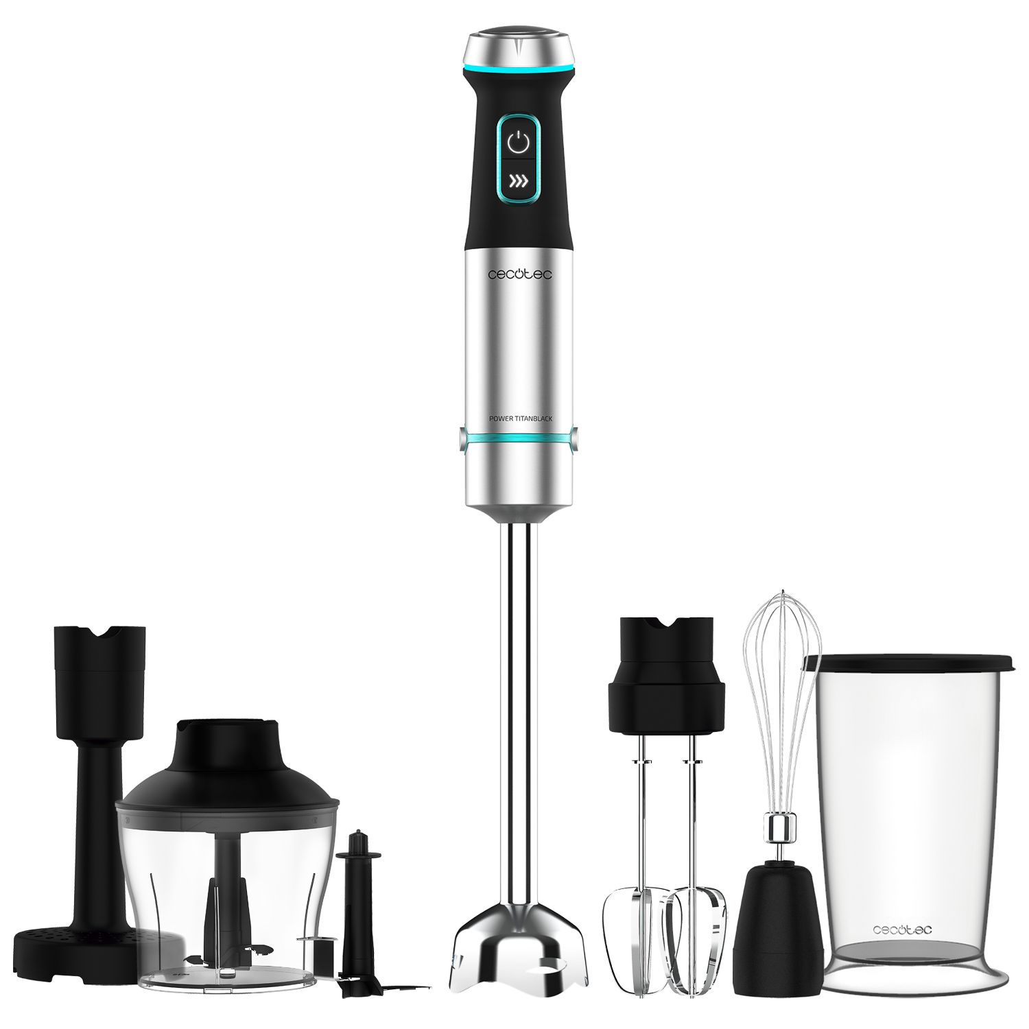 04293 - Batidora de Mano CECOTEC Power TitanBlack 1200 XL PerfectCream&Crush 1200W Pie XL Cuchilla de 4 Hojas Varillas Batidoras Campana Antisalpicaduras Negro/Verde/Acero Inoxidable (04293)