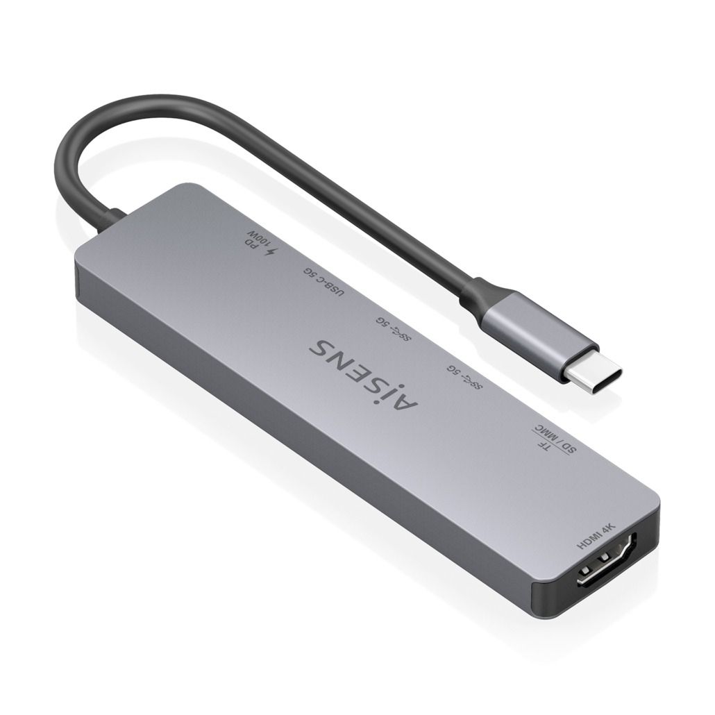ASUC-7P048-GR - Docking AISENS 7en1 USB-C a 2xUSB-A/1xUSB-C PD/100W/1xHDMI 4K UHD 60Hz/Lector Tarjetas Cable 0.15m Gris (ASUC-7P048-GR)