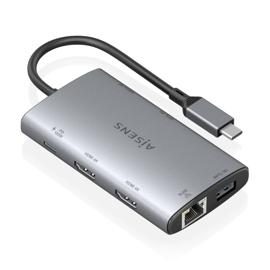 ASUC-7P049-GR - Docking Station AISENS 7en1 USB-C a 2xUSB-A/1xUSB-C PD 100W/2xHDMI 4K UHD 60Hz/1xRJ45 Cable 0.2m Gris (ASUC-7P049-GR)