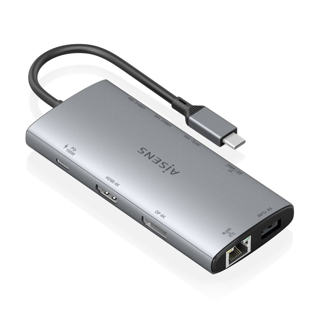 ASUC-10P050-GR - Docking Station AISENS 10en1 USB-C a 1xUSB-A 3.0/1xUSB-A 3.1/2xUSB-C 3.1 PD 100W/1xHDMI 4K UHD 60H/1xRJ45/Lector Tarjetas Cable 0.2m Gris (ASUC-10P050-GR)