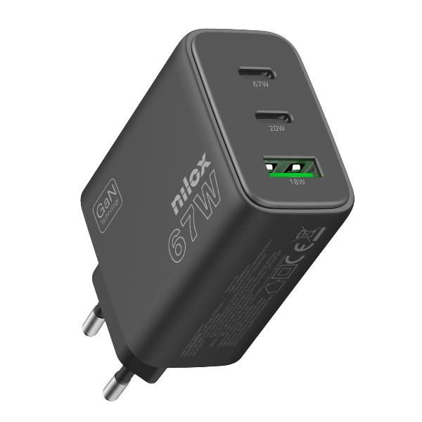 NX65GANUSBC - Cargador de Pared NILOX GaN 67W 1xUSB-A 2xUSB-C Negro (NX65GANUSBC)