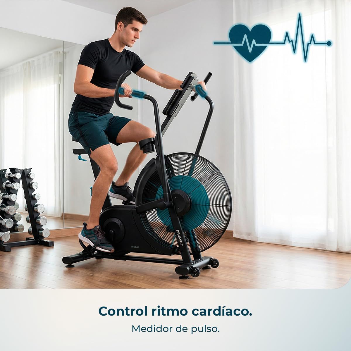 A01_EU01_122512 - Bicicleta de aire Cecotec DrumFit WOD Rider Ultimate Ventilador de 679.5 mm Resistencia progresiva Pedaleo bidireccional Doble correa silenciosa Pantalla LCD Conectividad Soporta hasta 150 kg Ruedas de transporte(A01_EU01_122512)