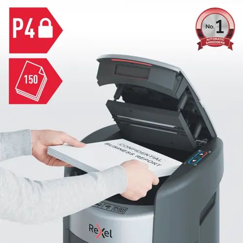 2025150xeu - Destructora REXEL ShredMax AutoFeed+ 150X Corte Cruzado Papel/Grapas/Tarjetas de Cr�dito/Clips P-4 15L 150 Hojas Negra (2025150XEU)