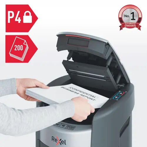 2025200xeu - Destructora REXEL Optimum AutoFeed+ 200X Corte Cruzado Grapas/Papel/Tarjetas de Cr�dito/Clips P-4 21L 200 Hojas Negra (2025200XEU)