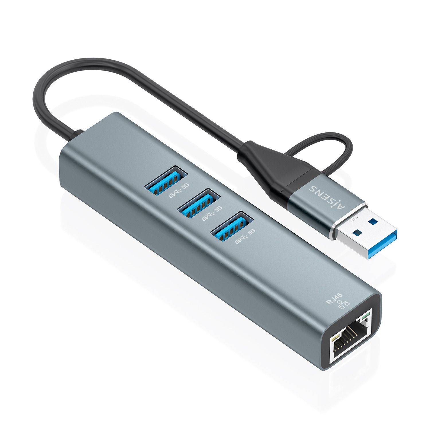 A109-1033 - Conversor USB 3.2 Gen1 AISENS de USB-A y USB-C a Ethernet Gigabit Conexion RJ45 10/100/1000 Mbps con HUB de 3 puertos USB 3.0 Cable de 15cm Plug and Play Compatible con Windows Mac OS y Linux .Gris (A109-1033)