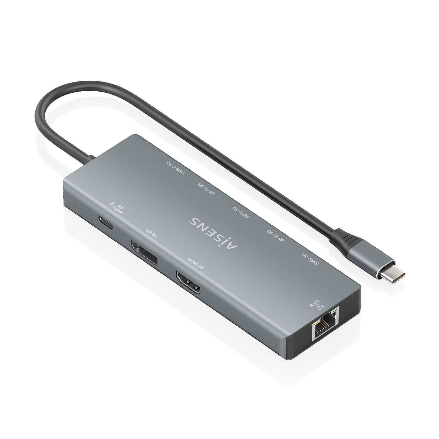 ASUC-9P051-GR - Docking Station AISENS USB-C 9en1. Carcasa de aluminio Puertos HDMI y DisplayPort hasta 8K Red Ethernet RJ45 4xUSB-A 5Gbps 1xUSB-C 5Gbps y puerto USB-C PD de 100W Cable de 20 cm Diseno compacto y ligero .Gris (ASUC-9P051-GR)