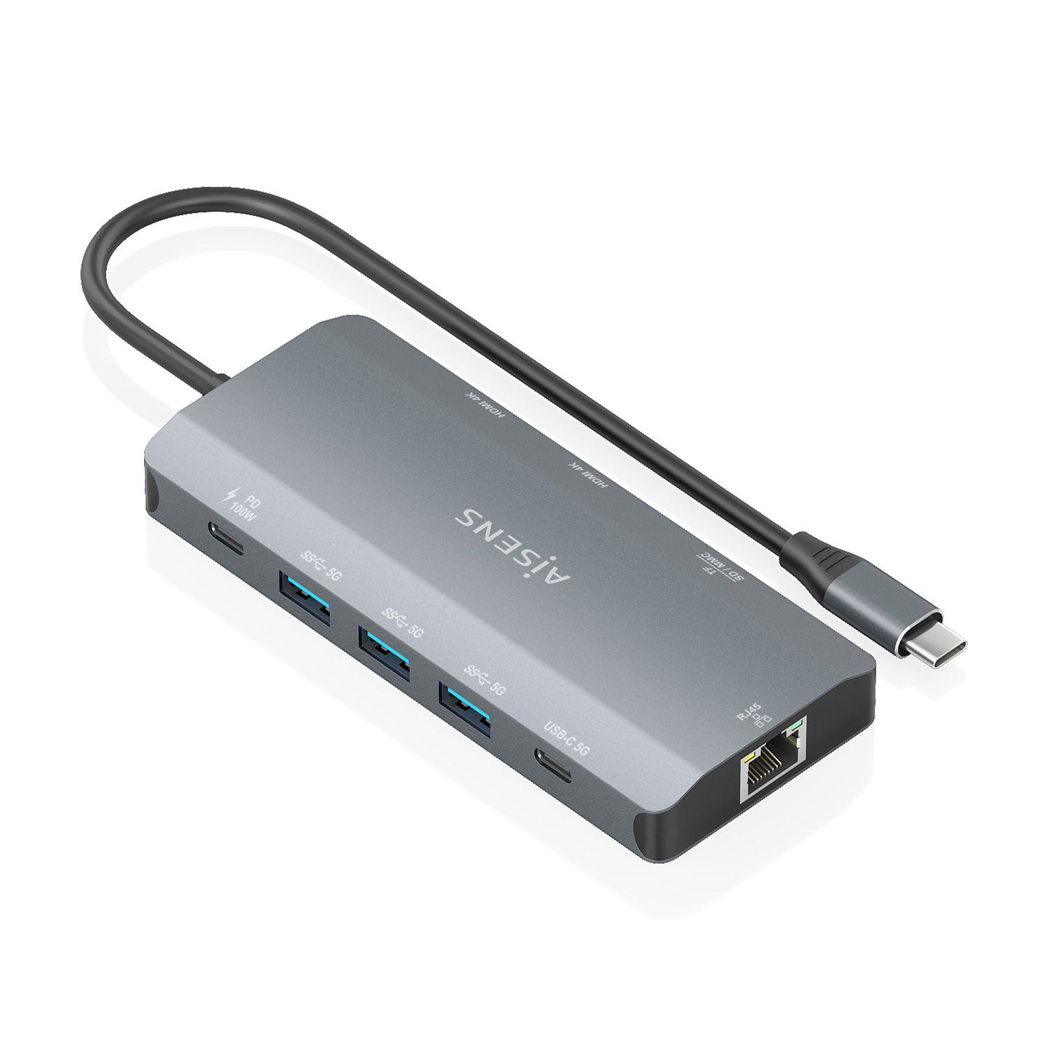 ASUC-10P052-GR - Docking Station AISENS USB-C 12en1 Carcasa de aluminio Doble salida HDMI hasta 4K Red Ethernet RJ45 3xUSB-A 1xUSB-C Lector de tarjetas SD y MicroSD Puerto USB-C Power Delivery 100W Cable de 20cm Diseno compacto. Gris(ASUC-10P052-GR)