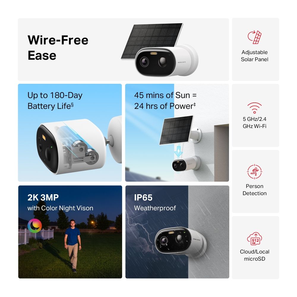MC410 KIT - C�mara IP Mercusys Panel Solar 2K 3mp H.264 Sensor CMOS WiFi Visi�n Nocturna Exterior Pared Blanca (MC410 KIT)