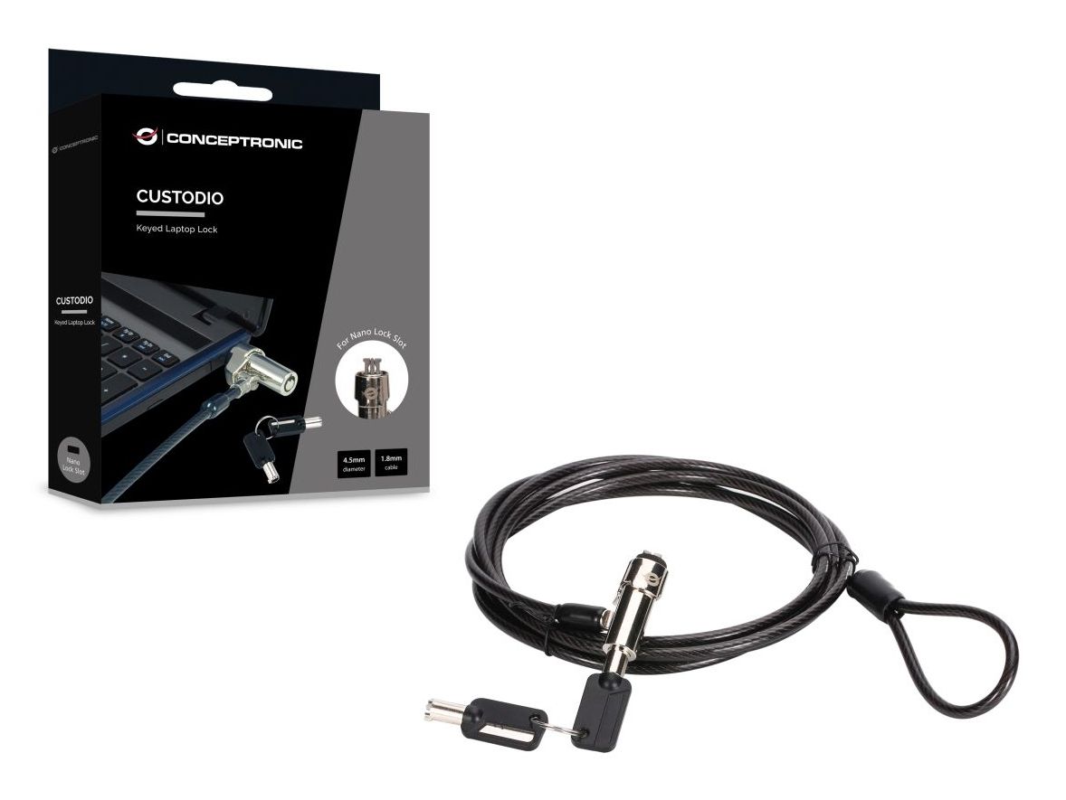 CUSTODIO02BNM - Cable de Seguridad Conceptronic CUSTODIO02BNM Nano Slot con Llave Compatible Llave Maestra. Cable de 4.5mm Negro (CUSTODIO02BNM)