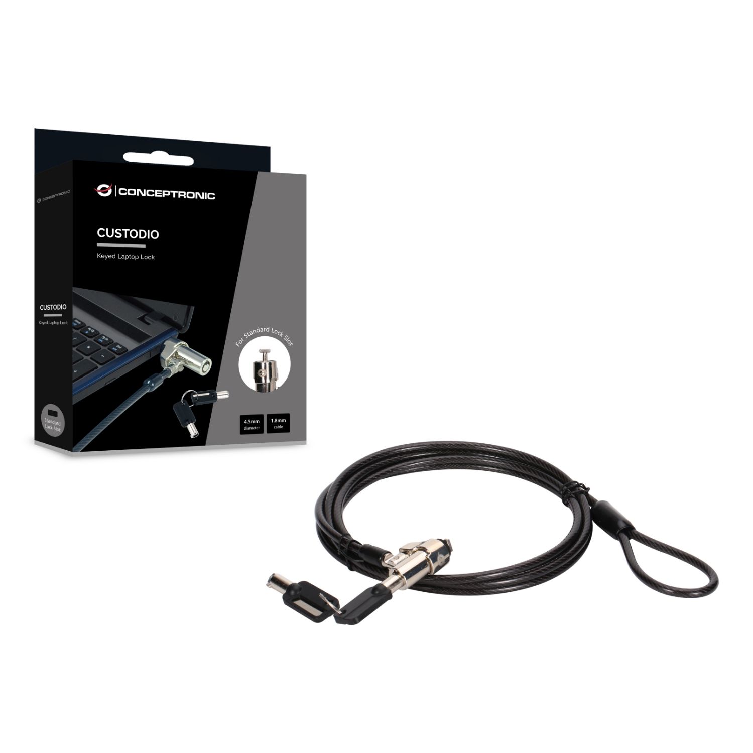 CUSTODIO02BSM - Cable de Seguridad Conceptronic CUSTODIO02BSM Slot Estandar con Llave Compatible Llave Maestra. Negro (CUSTODIO02BSM)