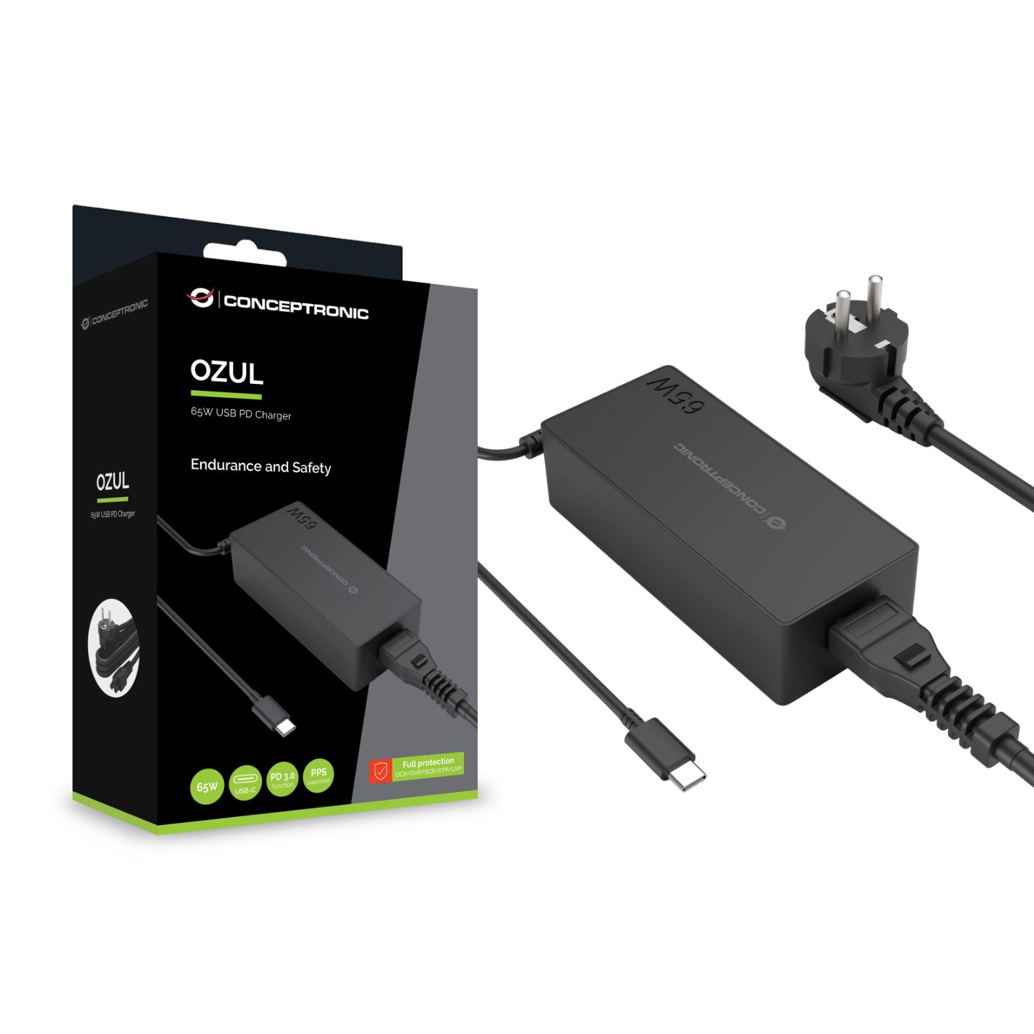 OZUL09BE - Cargador CONCEPTRONIC OZUL09BE USB-C GaN 65W PD 1.8m. Negro (OZUL09BE)