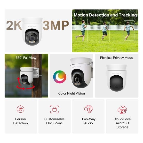 MC510 - C�mara IP Mercusys 2K QHD 3mp H.264 360� Micr�fono/Altavoces Integrados WiFi Visi�n Nocturna IR LED Exterior Techo/Poste/Pared Blanca (MC510)