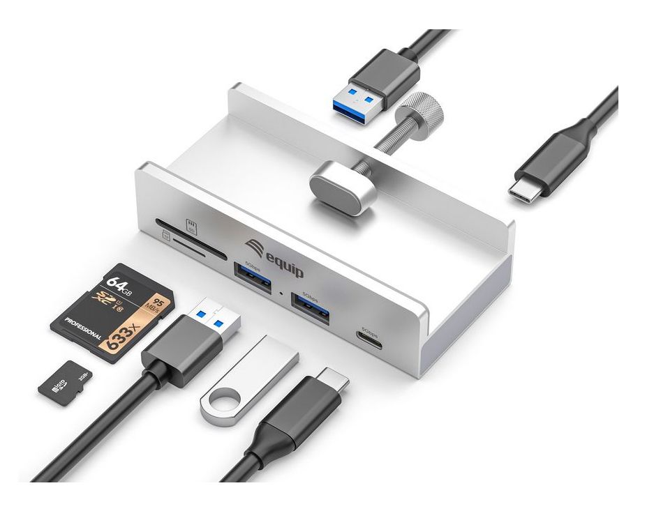 EQ128968 - Hub USB-A con clip ajustable Equip 4 puertos USB 3.2 Gen 1 SuperSpeed 5Gbps Incluye 2 puertos USB-A y 2 puertos USB-C Fijacion para escritorio o monitor. Carcasa de aluminio Gris (128968)