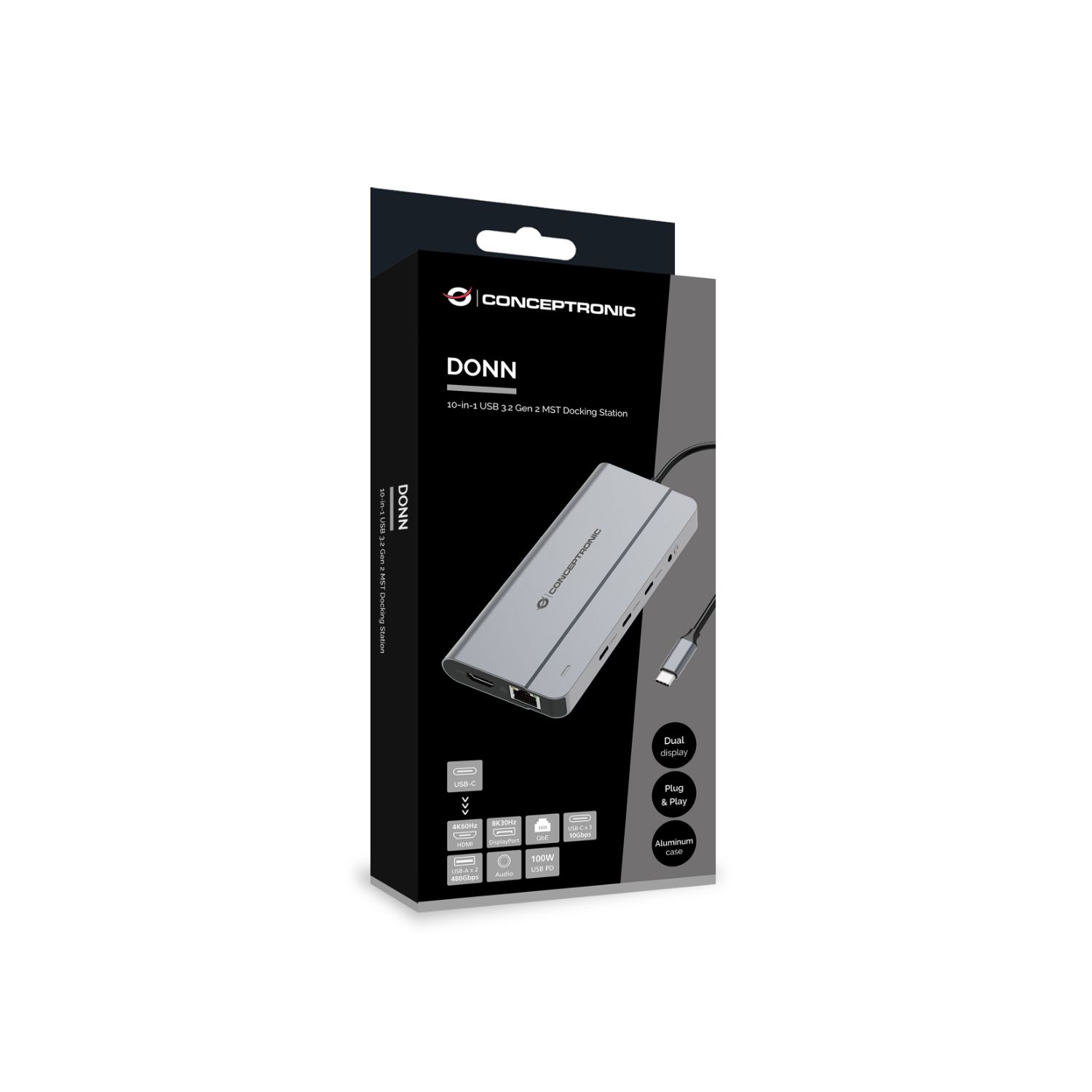 DONN34G - Docking Station USB-C 10en1 HDMI 4K a 60Hz DisplayPort 8K a 30Hz, Ethernet Gigabit, 3XUSB-C de 10Gbps, 2XUSB-A audio de 3.5mm y carga PD de 100W. Plata (DONN34G)